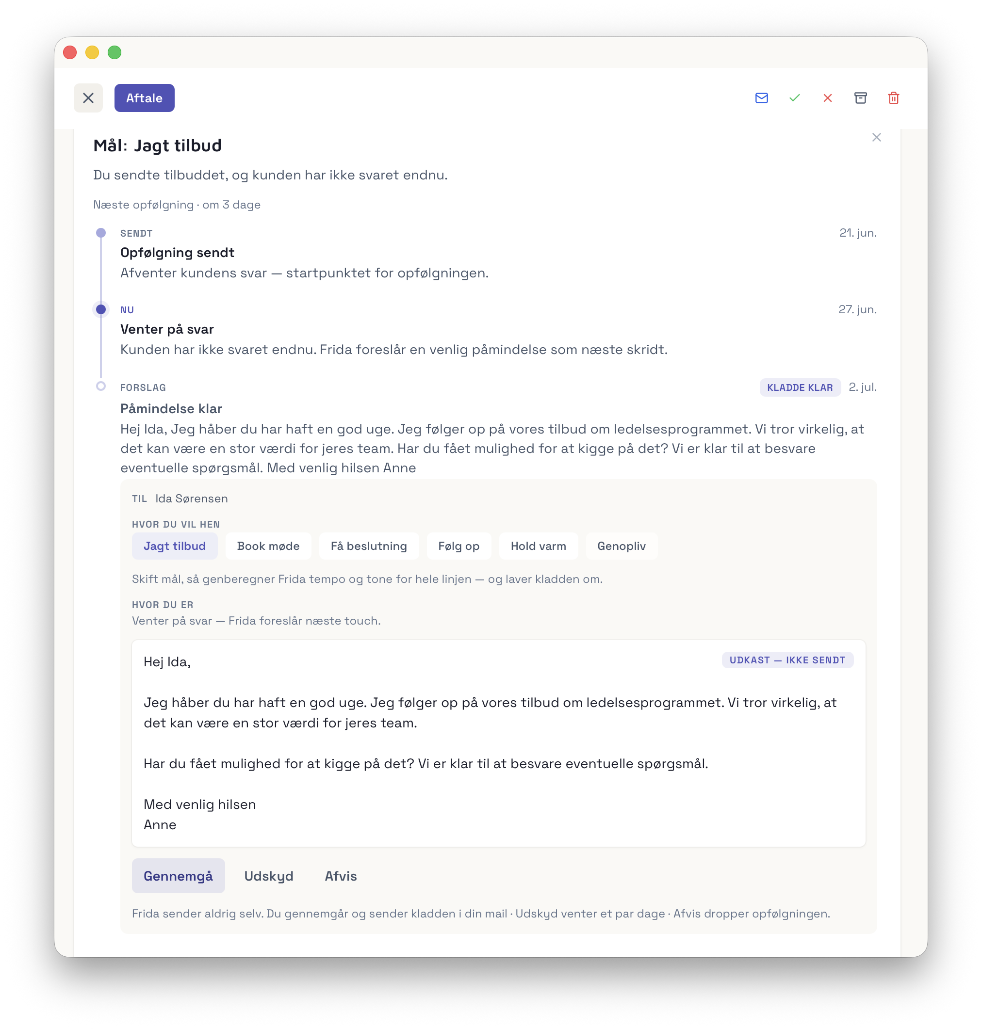 Frida follow-up panel showing the conversation thread, the goal, and a ready draft
